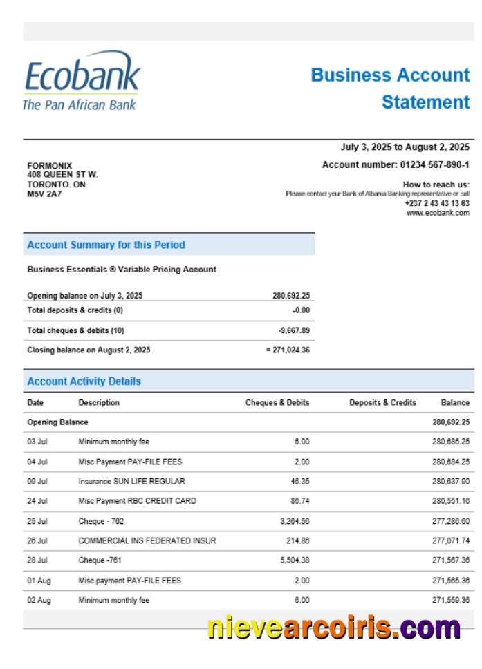 Ecobank organization checking account statement